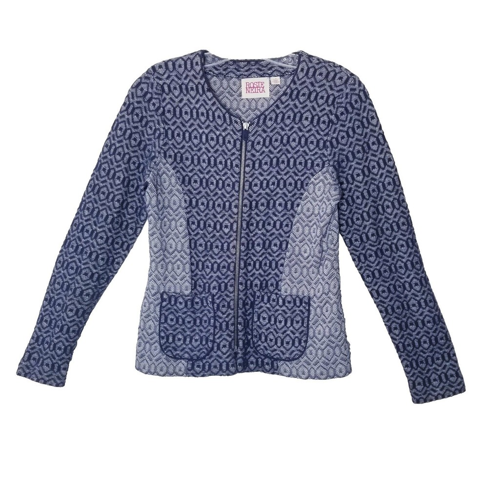 Rosie Neira Anthropologie Jacket Women Size Medium Blue White Zip Closure Blazer